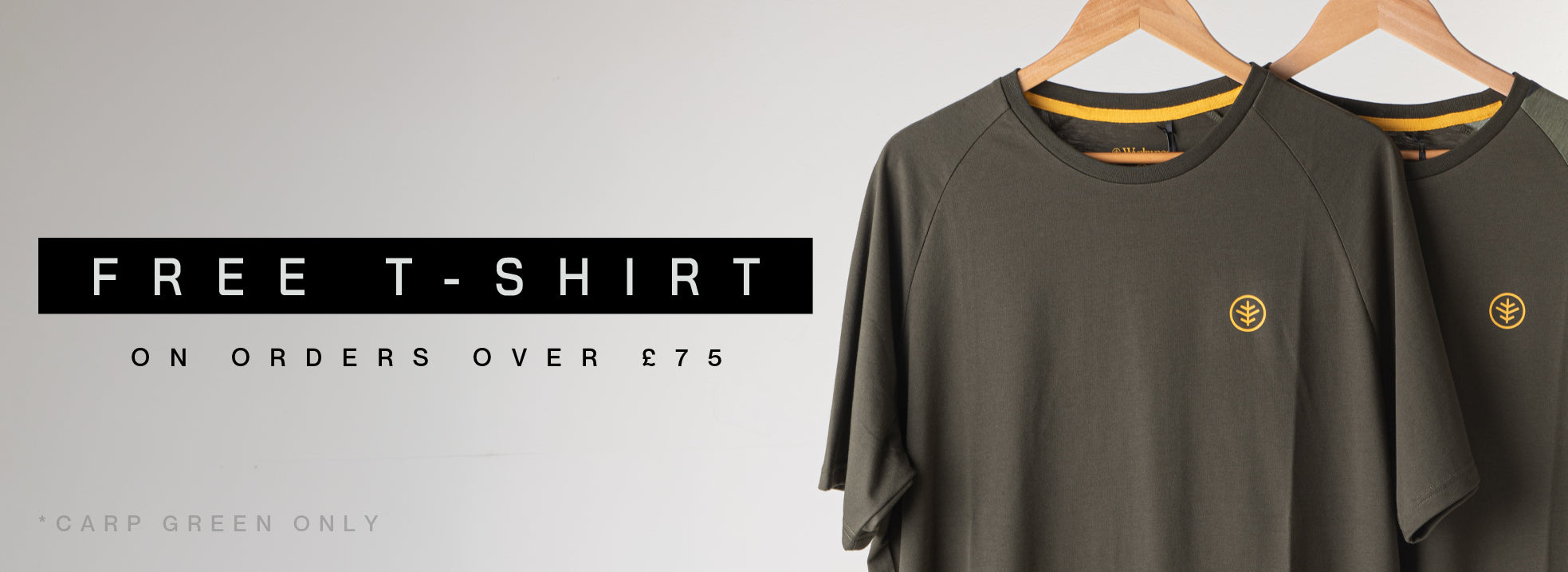 Free Carp Green T-shirt on orders over £75, featuring two green T-shirts with yellow logo detailing.