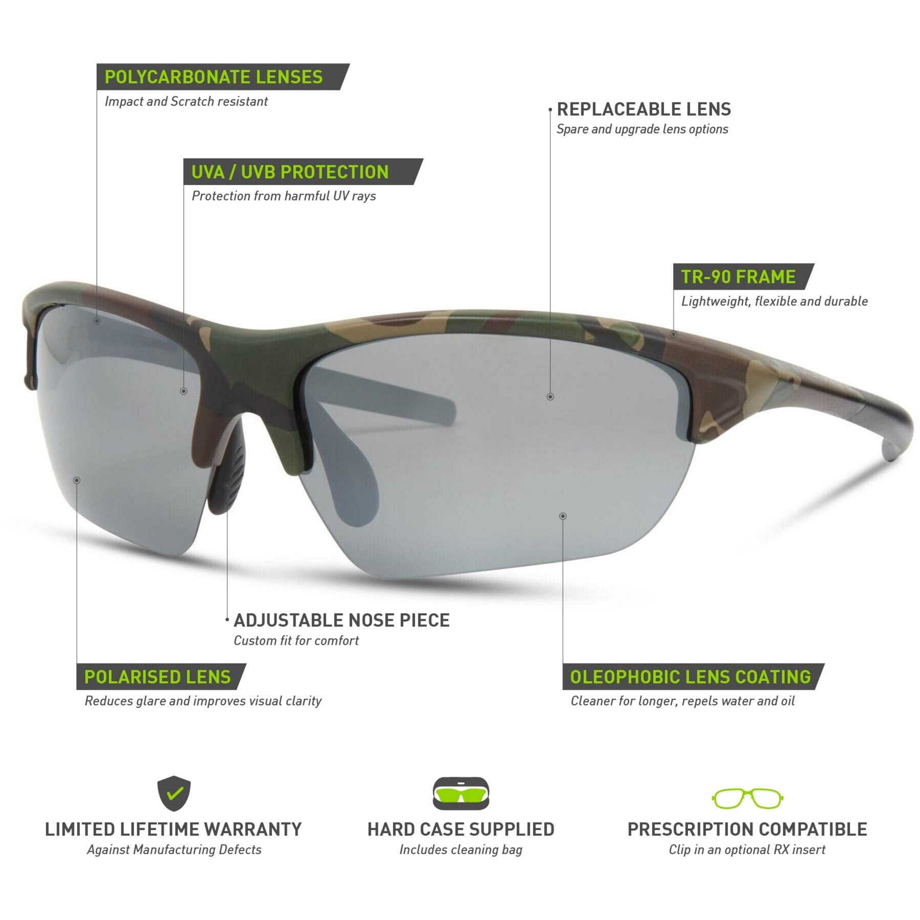 Mission Camo Sunglasses - 3 Polarised Lens Pack- Silver Mirror/ Bronze / Yelllow