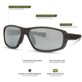 Target Matt Black Sunglasses - 3 Polarised Lens Pack-Silver Mirror/Bronze/Yellow