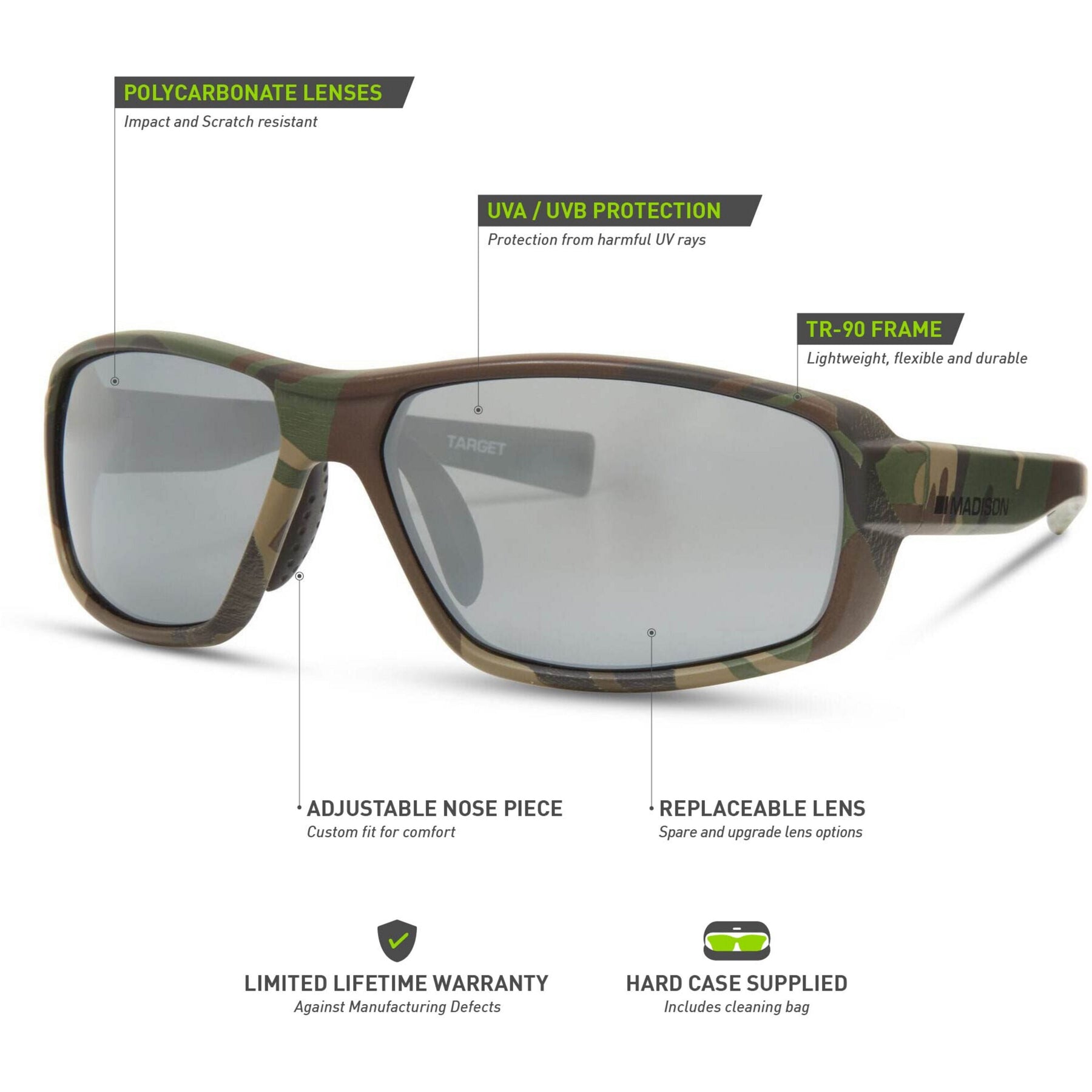Target Camo Sunglasses - 3 Polarised Lens Pack - Silver Mirror / Bronze / Yellow   Wychwood