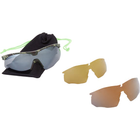 Shields Green Camo Sunglasses-3 Polarised Lens Pack-Silver Mirror/Bronze/Yellow