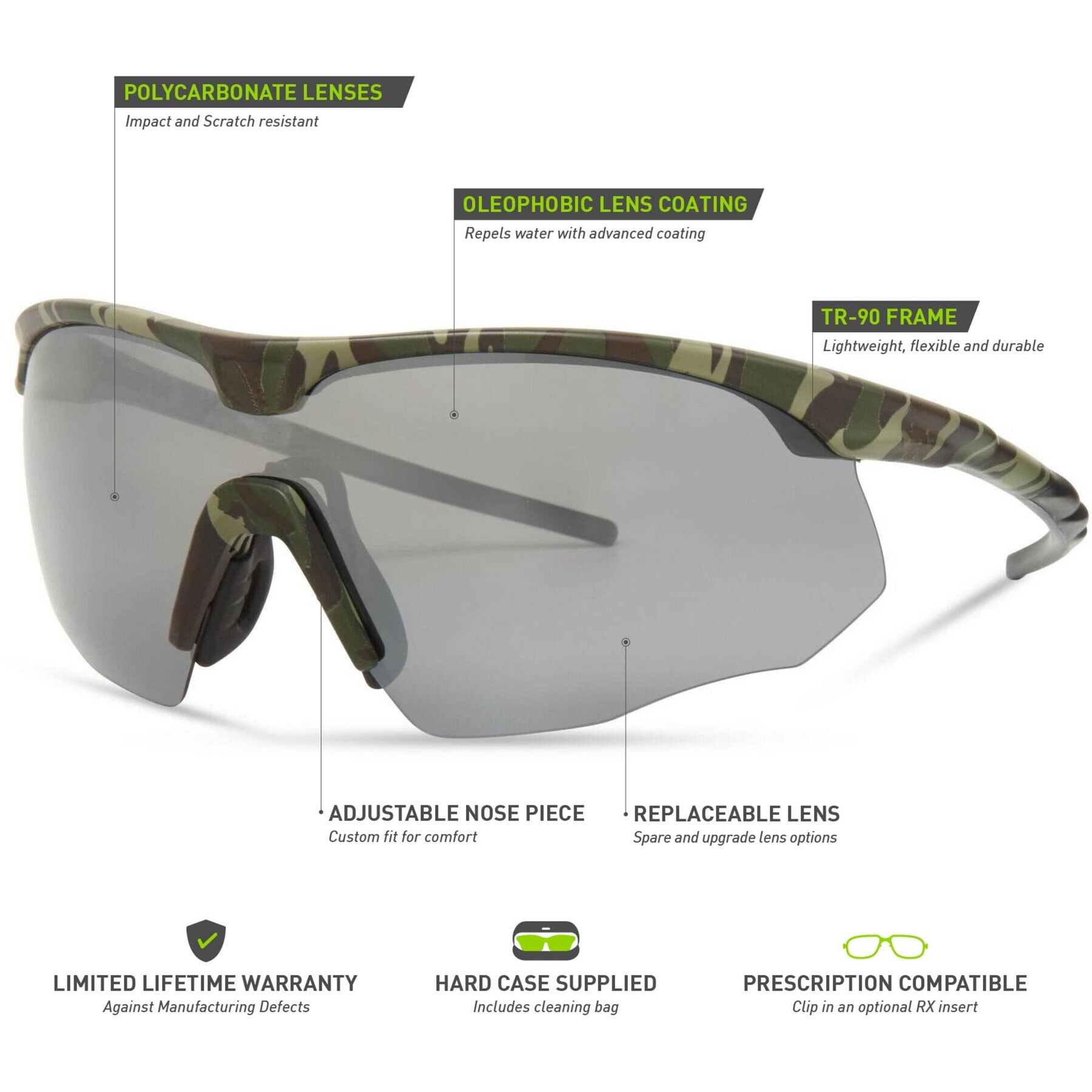 Shields Green Camo Sunglasses-3 Polarised Lens Pack-Silver Mirror/Bronze/Yellow